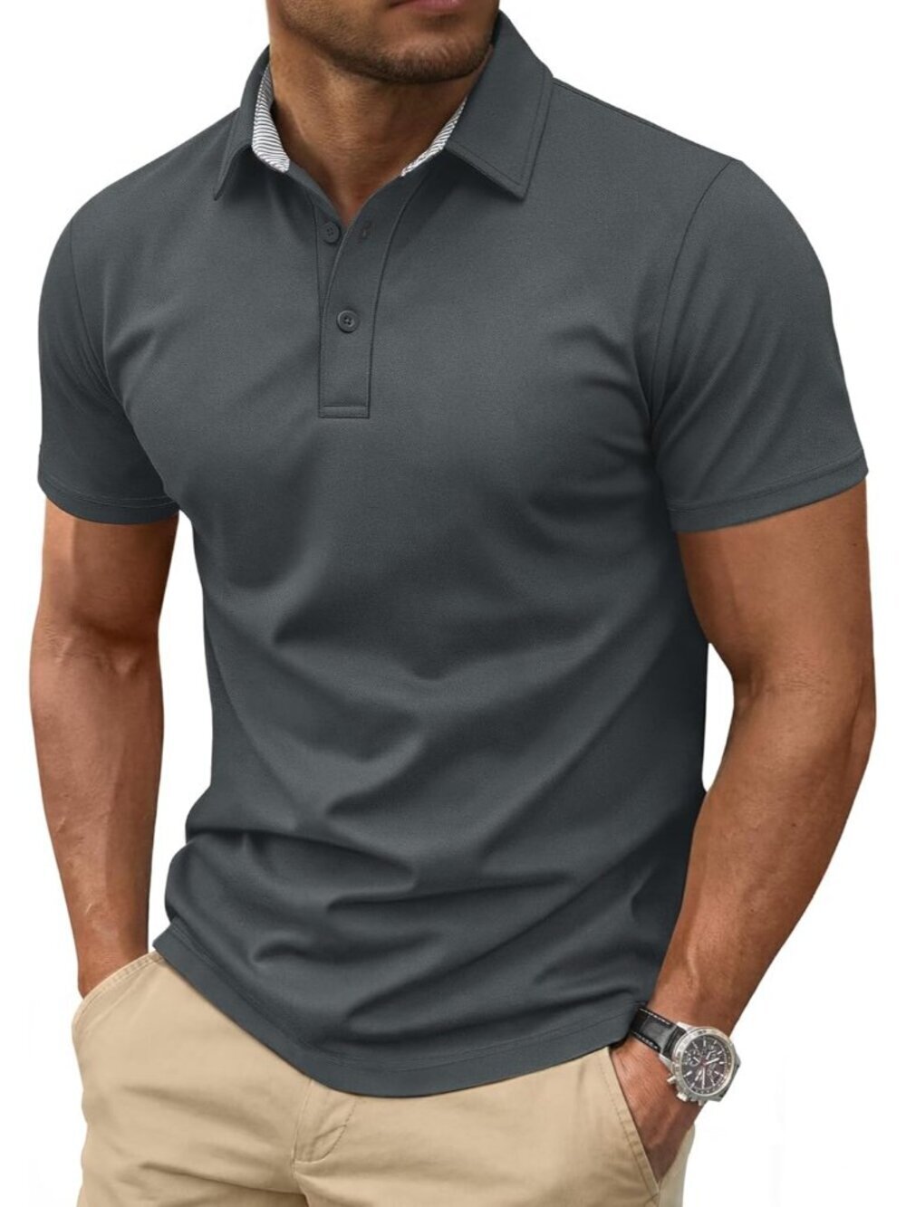 Men's Dark Grey Cotton Pique Polo Shirt Short Sleeve 3 Button Classic Fit Golf